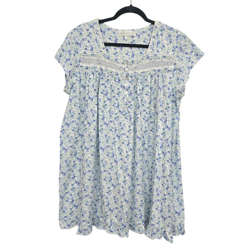 Eileen West Nightgown XL Blue Floral Lace Button Front Gown Lounge Sleep